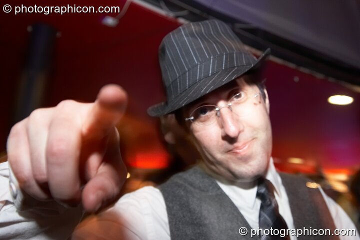 A man in a hat makes his point at Shpongle Live in Concert. London, Great Britain. © 2008 Photographicon