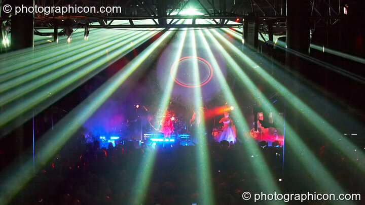 The stage viewed through laser beams at Shpongle Live in Concert. London, Great Britain. © 2008 Photographicon