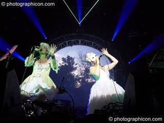 Michele Adamson and Abigail Gorton perform in costume on vocals with Shpongle at Shpongle Live in Concert.. London, Great Britain. © 2008 Photographicon