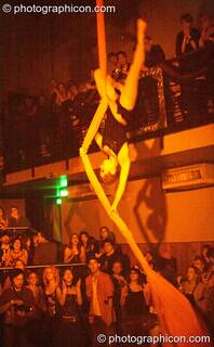 Fluorotrash perform aerial silk acrobatics on the Skandalous! stage at Electric Circus / Circus2Gaza. London, Great Britain. © 2009 Photographicon