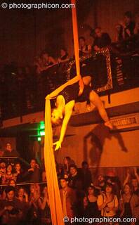 Fluorotrash perform aerial silk acrobatics on the Skandalous! stage at Electric Circus / Circus2Gaza. London, Great Britain. © 2009 Photographicon