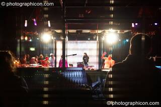 View from behind the sound cage of Zion Train performing on the Skandalous! stage at Electric Circus / Circus2Gaza. London, Great Britain. © 2009 Photographicon