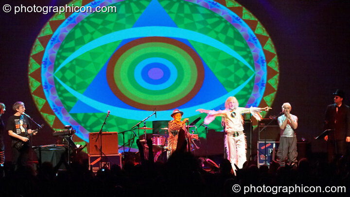 Miquette Giraudy, Steve Hillage, Gilli Smyth, Chris Taylor, Daevid Allen, Mike Howlett, and Theo Travis of Planet Gong perform at the Kentish Town Forum with visual projections by ColourSound. London, Great Britain. © 2009 Photographicon
