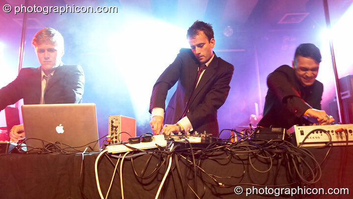 Ken Barrett, James Woodward, and Cameron Leonard-Schroff of Atomic Drop perform in the Main Theatre at the Electric Circus. London, Great Britain. © 2010 Photographicon