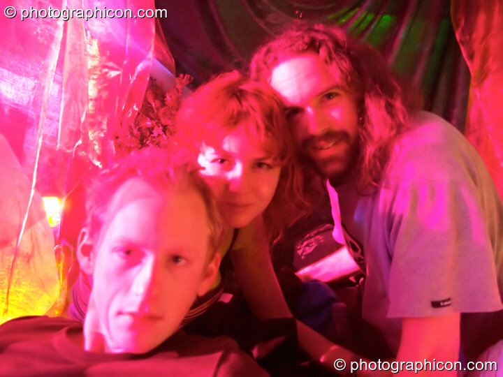 Three friends chill in the Interdimensional Circus space at the Synergy Project. London, Great Britain. © 2005 Photographicon