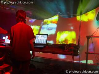 Mark Calvert of Inside-Us-All working his visual wizardry on the VJ desk at The Synergy Project. London, Great Britain. © 2006 Photographicon