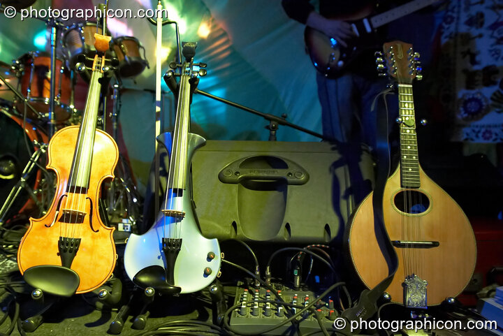 Musical instruments on the Ceilidh Project stage at The Synergy Project. London, Great Britain. © 2007 Photographicon