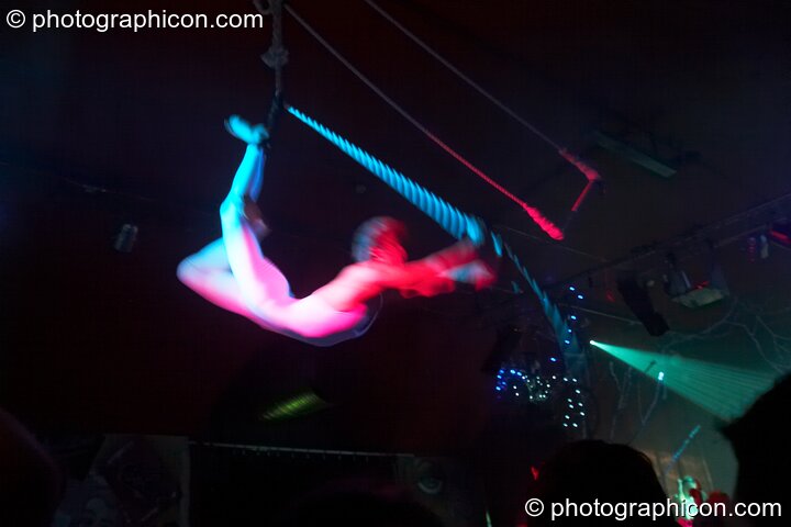 A rope artist swings above the heads of the audience in the Skandalous! room at The Synergy Project. London, Great Britain. © 2008 Photographicon