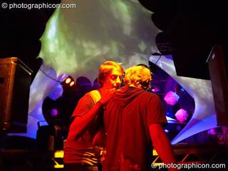 Hamish Blair talks to Niquid (Psychedelicious) as he DJs on the Furthur Project stage at Luminopolis (formerly The Synergy Project). London, Great Britain. © 2008 Photographicon