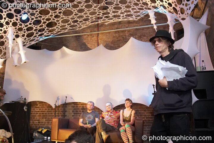 Mark Heley, Mixmaster Morris, Kate Wood, and GoodJeff Laster take part in the "Second Summer Of Love" 20th Anniversary Symposium inside the Inspiration Hall at Luminopolis (formerly The Synergy Project). London, Great Britain. © 2008 Photographicon