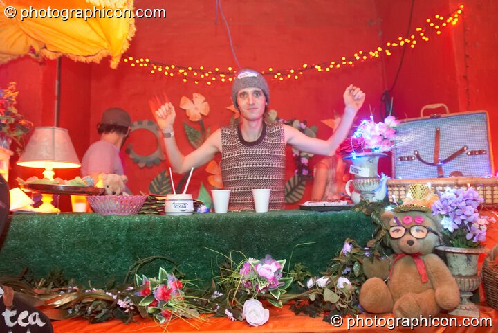 The decorated tea stall in the Fish Seeks Bicycle room at Luminopolis (formerly The Synergy Project). London, Great Britain. © 2008 Photographicon