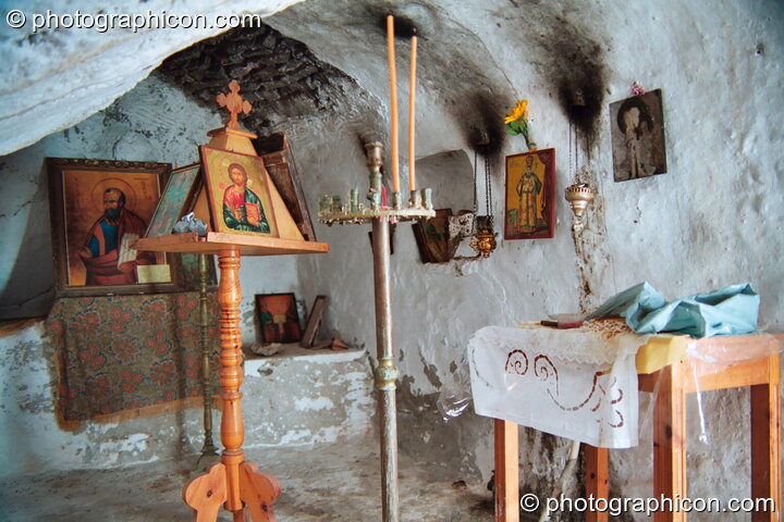 Interior of a chapel built into the hill side at Agios Pavlos. Greece. © 2002 Photographicon