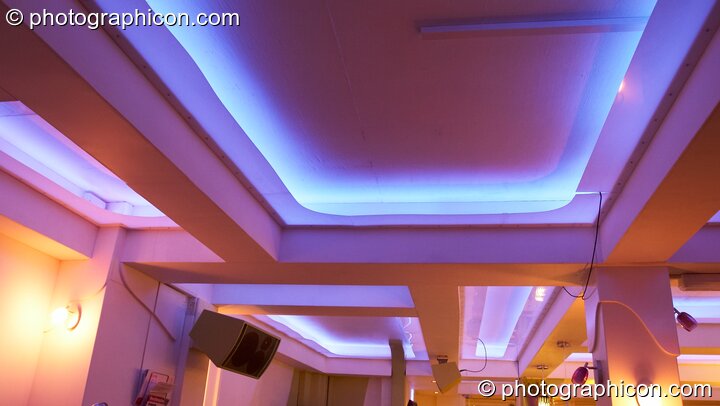 The ceiling beams and LED lighting in the inSpiral Lounge organic cafe and multimedia venue. London, Great Britain. © 2008 Photographicon