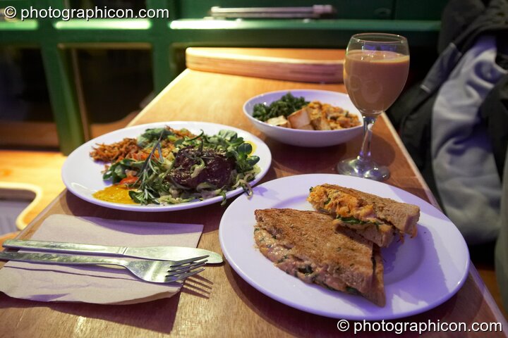 A delicious meal awaits a hungry mouth in the inSpiral Lounge organic cafe and multimedia venue. London, Great Britain. © 2008 Photographicon