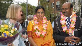 Karen Parry, The Lady Mayoress, and Councillor Yogan Yoganathan (The Worshipful Mayor of the Royal Borough of Kingston upon Thames) at the opening of Save The World Club's Hundertwasser mosaic. Great Britain. © 2005 Photographicon