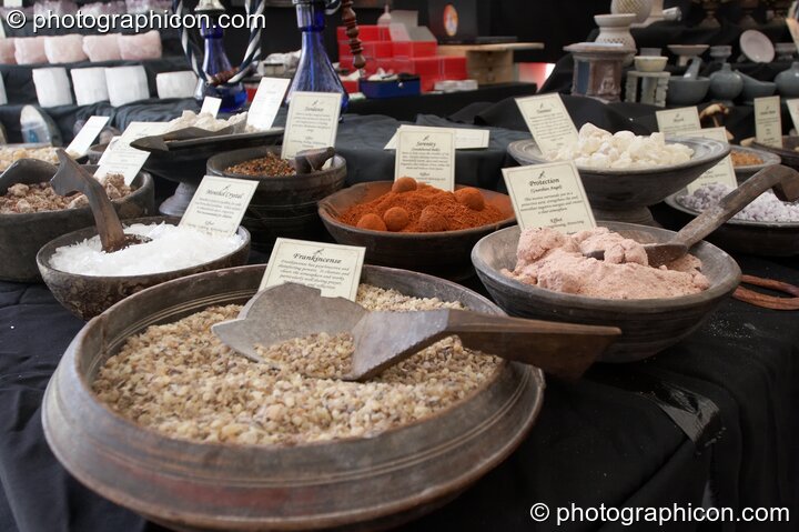 Bowls of incense resins and powders on sale in the Chai Wallahs cafe at Glade Festival 2005. Aldermaston, Great Britain. © 2005 Photographicon