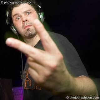 Sebastian Taylor of Shakta gives a two-fingered salute while performing on the Liquid Records stage at The Synergy Project. London, Great Britain. © 2007 Photographicon
