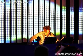 Gaudi (Interchill Records / 6 Degrees) performs in the Future Funk Room with a backdrop bar-screen visual installation by Inside Solutions at Future Music. London, Great Britain. © 2008 Photographicon
