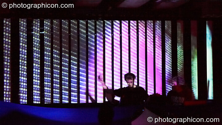 Atomic Drop (Liquid Records) perform in the Future Funk Room with a backdrop bar-screen visual installation by Inside Solutions at Future Music. London, Great Britain. © 2008 Photographicon