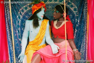 Mannequins dressed as sacred lovers in a romantic spot at Big Green Gathering 2003. Cheddar, United Kingdom. © 2003 Photographicon