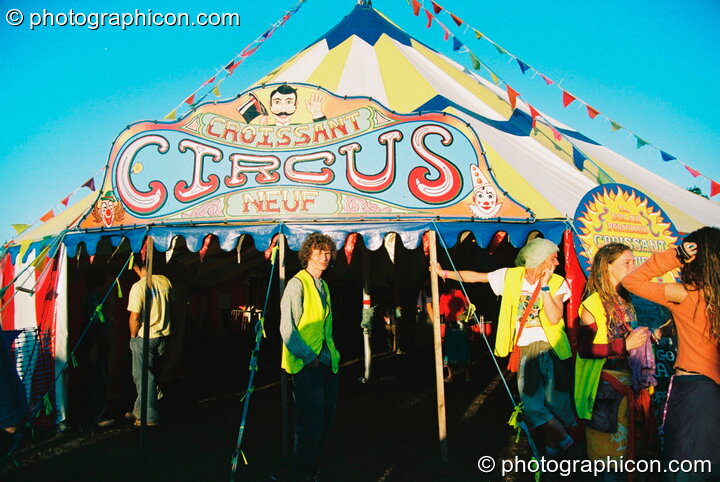 The outside of the Croissant Neuf tent as the sunsets at Big Green Gathering 2003. Cheddar, United Kingdom. © 2003 Photographicon