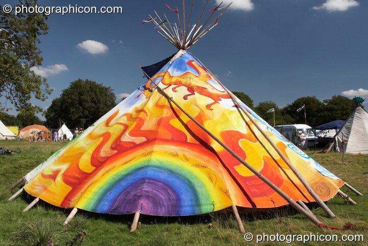 A beautifully painted with scenes of mythic creatures on a tipi in the Healing Field at Big Green Gathering 2007. Burrington, Cheddar, United Kingdom. © 2007 Photographicon