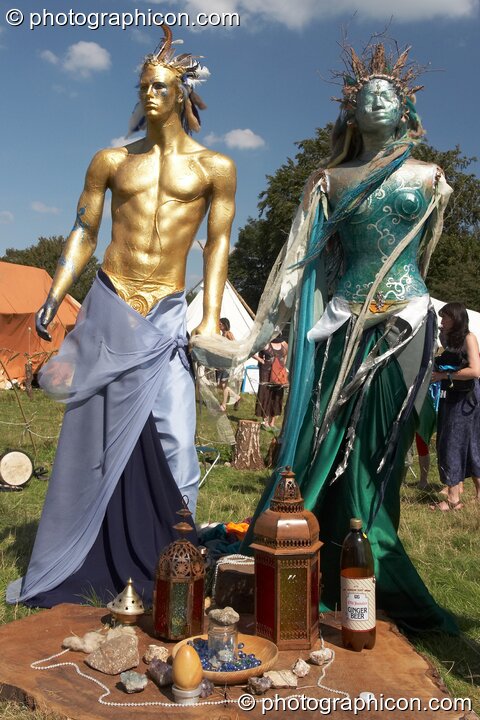 Statue shrine to the Sun God and Moon Goddess in the Elemental Garden, part of the Healing Field at Big Green Gathering 2007. Burrington, Cheddar, United Kingdom. © 2007 Photographicon