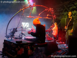 Andy Gangadeen (and his circular drum kit) plus Chris Taylor (guitarist) of The Bays performing on the Main Stage at Glade Festival 2005. Aldermaston, United Kingdom. © 2005 Photographicon