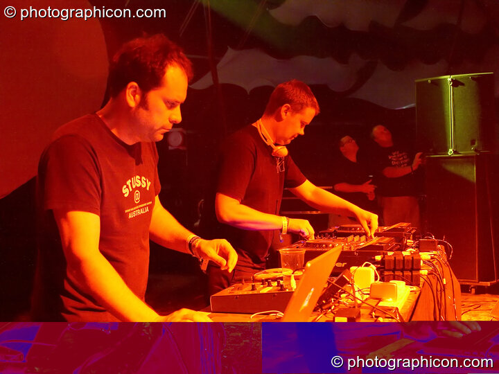Stuart Warren Hill and Robin Brunson of Hexstatic multi-media mixing on the Main Stage at Glade Festival 2005. Aldermaston, United Kingdom. © 2005 Photographicon