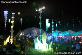 Nightime view of the illuminated idspiral chillout area at Glade Festival 2005. Aldermaston, United Kingdom. © 2005 Photographicon