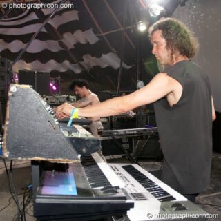 Merv Pepler and Joie Hinton of Dendron (aka Eat Static) on the Main Stage at Glade Festival 2005. Aldermaston, United Kingdom. © 2005 Photographicon