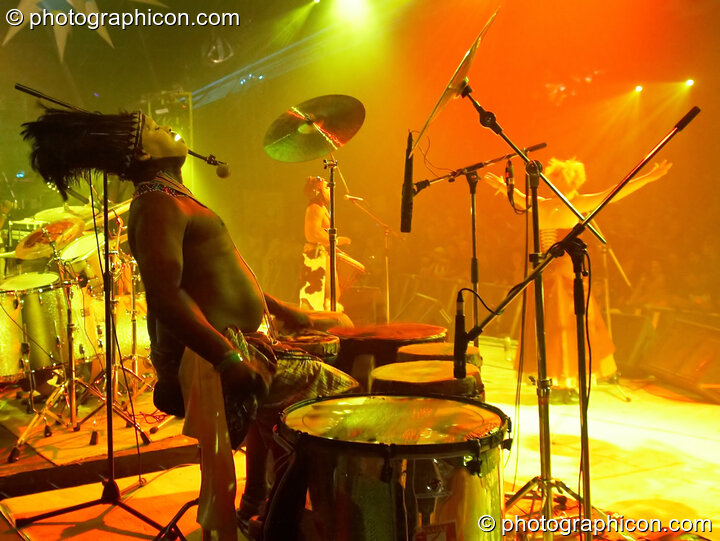 A masked African drummer performs with Juno Reactor on the Glade Stage at Glade Festival 2006. Aldermaston, United Kingdom. © 2006 Photographicon