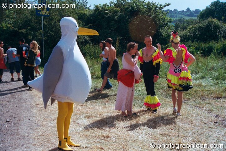 A person in a duck outfit stands lost by the side of the road at Glastonbury Festival 2002. Pilton, United Kingdom. © 2002 Photographicon