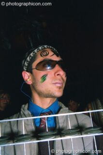 Performer with the Carnival Collective in the Lost Vaguess field at Glastonbury Festival 2002. Pilton, United Kingdom. © 2002 Photographicon