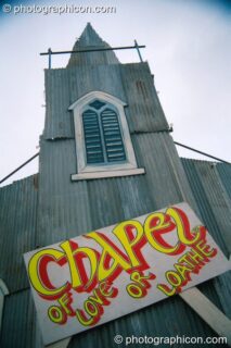 The Chapel of Love or Loathe in the Lost Vaguess field at Glastonbury Festival 2002. Pilton, United Kingdom. © 2002 Photographicon