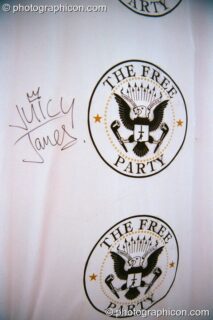 A banner for The Free Party in the Lost Vaguess field at Glastonbury Festival 2002. Pilton, United Kingdom. © 2002 Photographicon