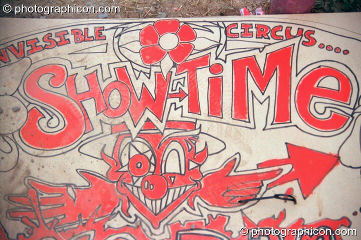 A sign for the Invisible Circus in the Lost Vaguess field at Glastonbury Festival 2002. Pilton, United Kingdom. © 2002 Photographicon