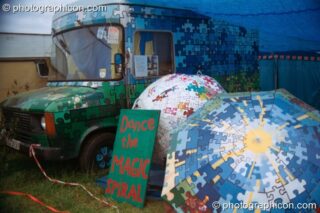 The Magic Spiral camp covered in a striking jig-saw emblem at Glastonbury Festival 2002. Pilton, United Kingdom. © 2002 Photographicon