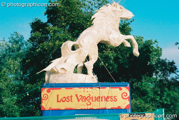 Sculpture of a horse in the Lost Vagueness field at Glastonbury Festival 2003. Pilton, United Kingdom. © 2003 Photographicon