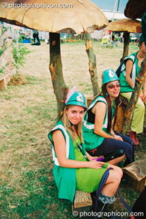 Group photo of the Green Police amongst the mushrooms at Glastonbury Festival 2003. Pilton, United Kingdom. © 2003 Photographicon