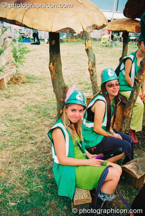 Group photo of the Green Police amongst the mushrooms at Glastonbury Festival 2003. Pilton, United Kingdom. © 2003 Photographicon