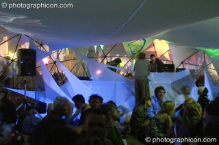 The interior of the idSpiral dome (Dance Village) by night at Glastonbury Festival 2005. Pilton, United Kingdom. © 2005 Photographicon