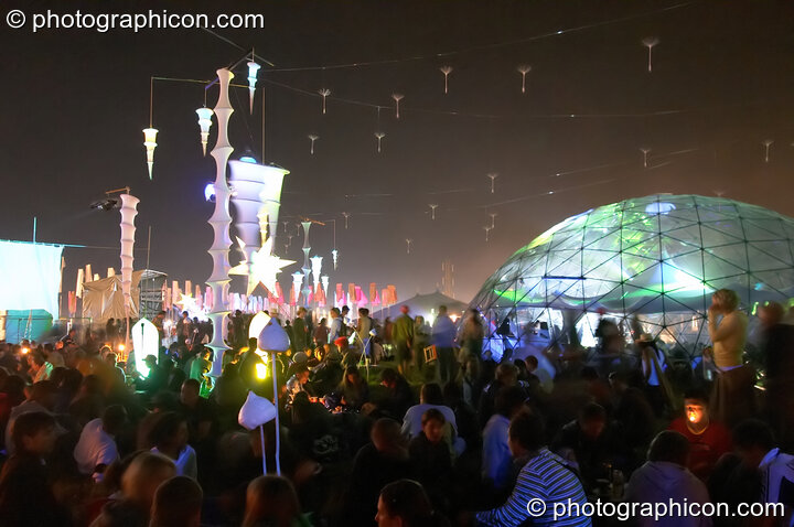 The exterior of the transparent idSpiral dome (Dance Village) by night at Glastonbury Festival 2005. Pilton, United Kingdom. © 2005 Photographicon