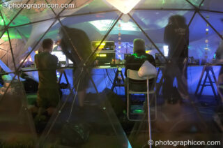 The interior of the idSpiral dome (Dance Village) by night at Glastonbury Festival 2005. Pilton, United Kingdom. © 2005 Photographicon