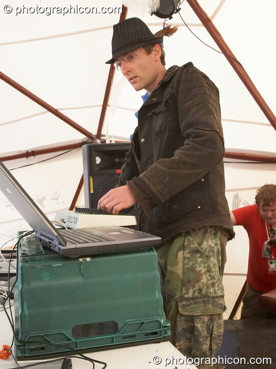 Daniel Spencer DJs on the ID Spiral stage in the Dance Village at Glastonbury Festival 2007. Pilton, United Kingdom. © 2007 Photographicon