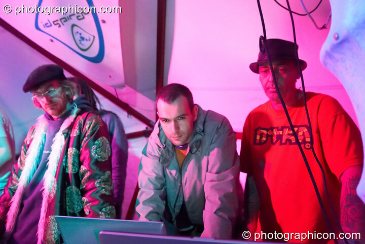 Matt Black and Mathieu Hourteillan of Coldcut perform an AV set on the ID Spiral stage in the Dance Village at Glastonbury Festival 2007. Pilton, United Kingdom. © 2007 Photographicon