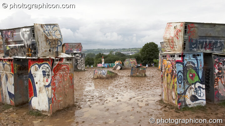 Bog Henge - a stack of burried plastic toilets - in the Kings Meadow at Glastonbury Festival 2007. Pilton, United Kingdom. © 2007 Photographicon