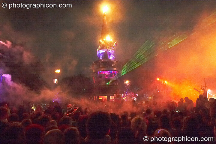 Fire and smoke leap from the Mutoid Waste's Arcadia Installation while Merv Pepler of Eat Static DJs in Trash City at Glastonbury Festival 2008. Pilton, United Kingdom. © 2008 Photographicon