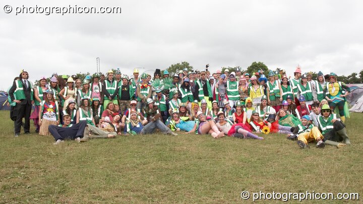 A group photo of Green Police outside their head quarters at Glastonbury Festival 2008. Pilton, United Kingdom. © 2008 Photographicon