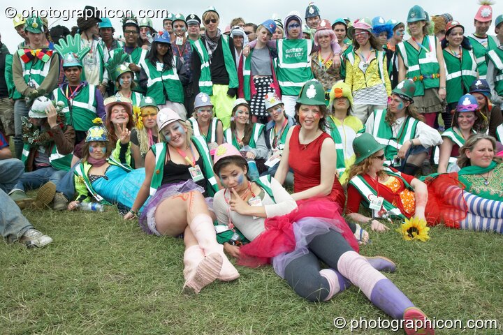 A group photo of Green Police outside their head quarters at Glastonbury Festival 2008. Pilton, United Kingdom. © 2008 Photographicon